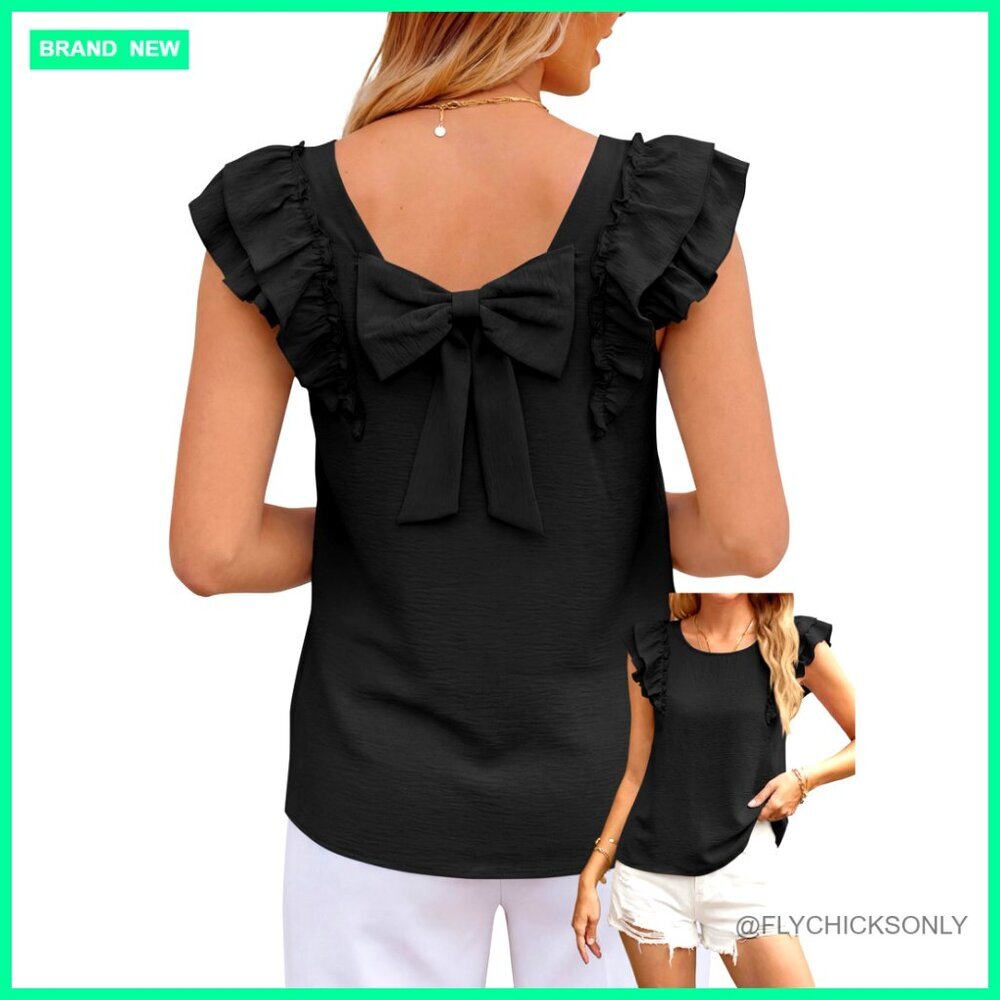 Ruffle Sleeve Blouse with Bow Back, Lightweight Polyester, Loose Fit
